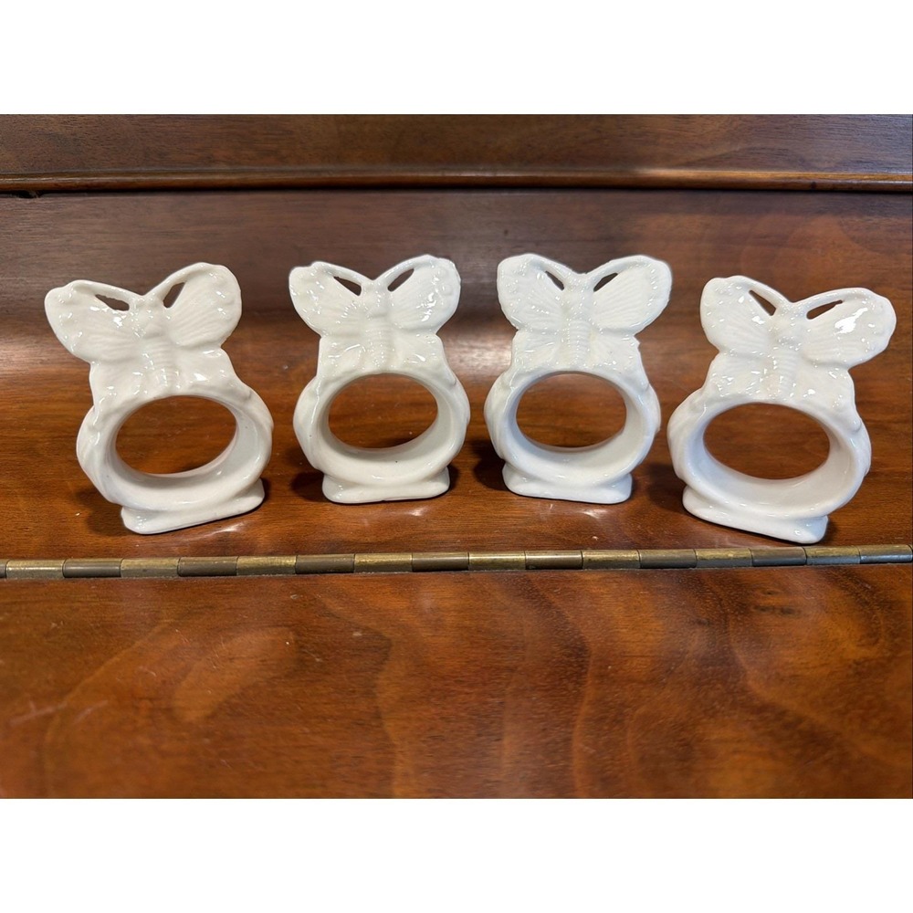 4 Vintage White Ceramic Butterfly Napkin Holders
